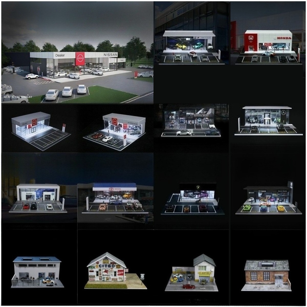 1/64 Diorama Car Garage Model LED Lighting Car Showroom Scene Display Model Gift