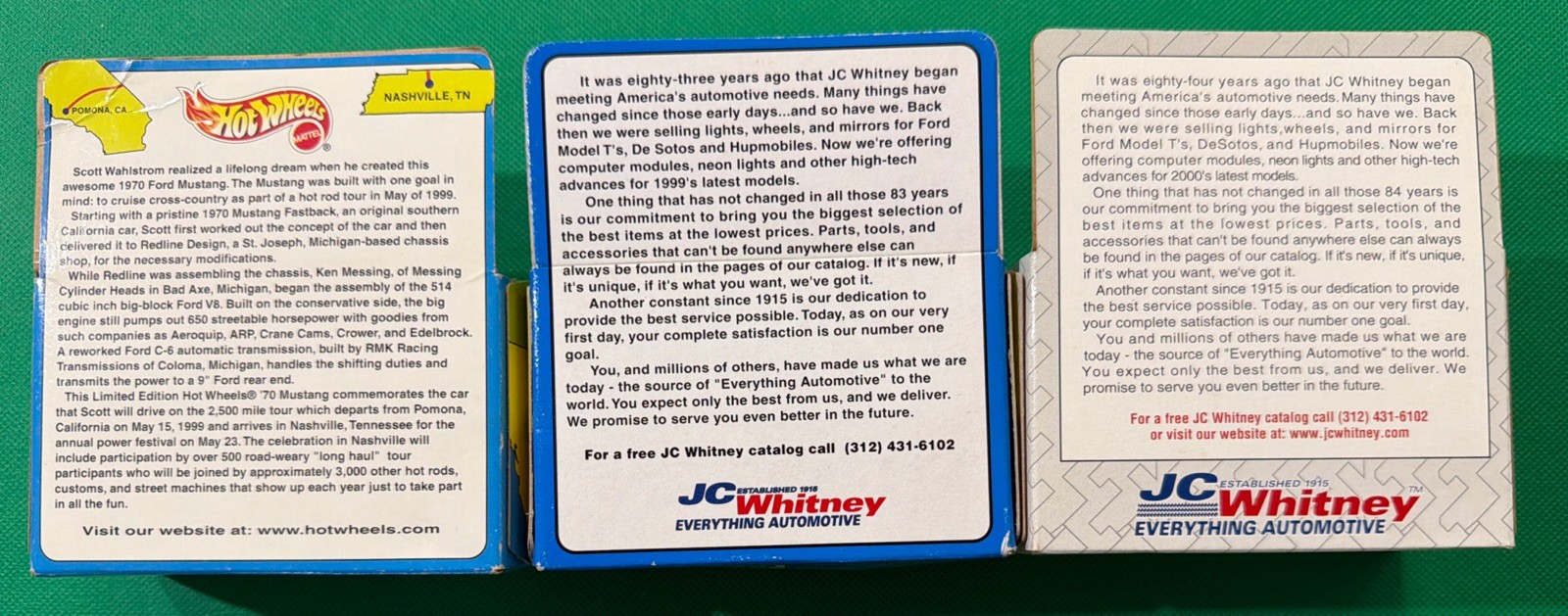 Hot Wheels 1998/1998 JC WHITNEY (2) + Scott Wahlstrom Ford Mustang (1) 3 Cars