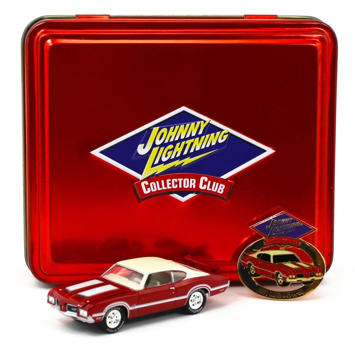 Johnny Lightning Collector Club Tin *RED & WHITE* 1971 Olds Cutlass 442 W-30 NIB