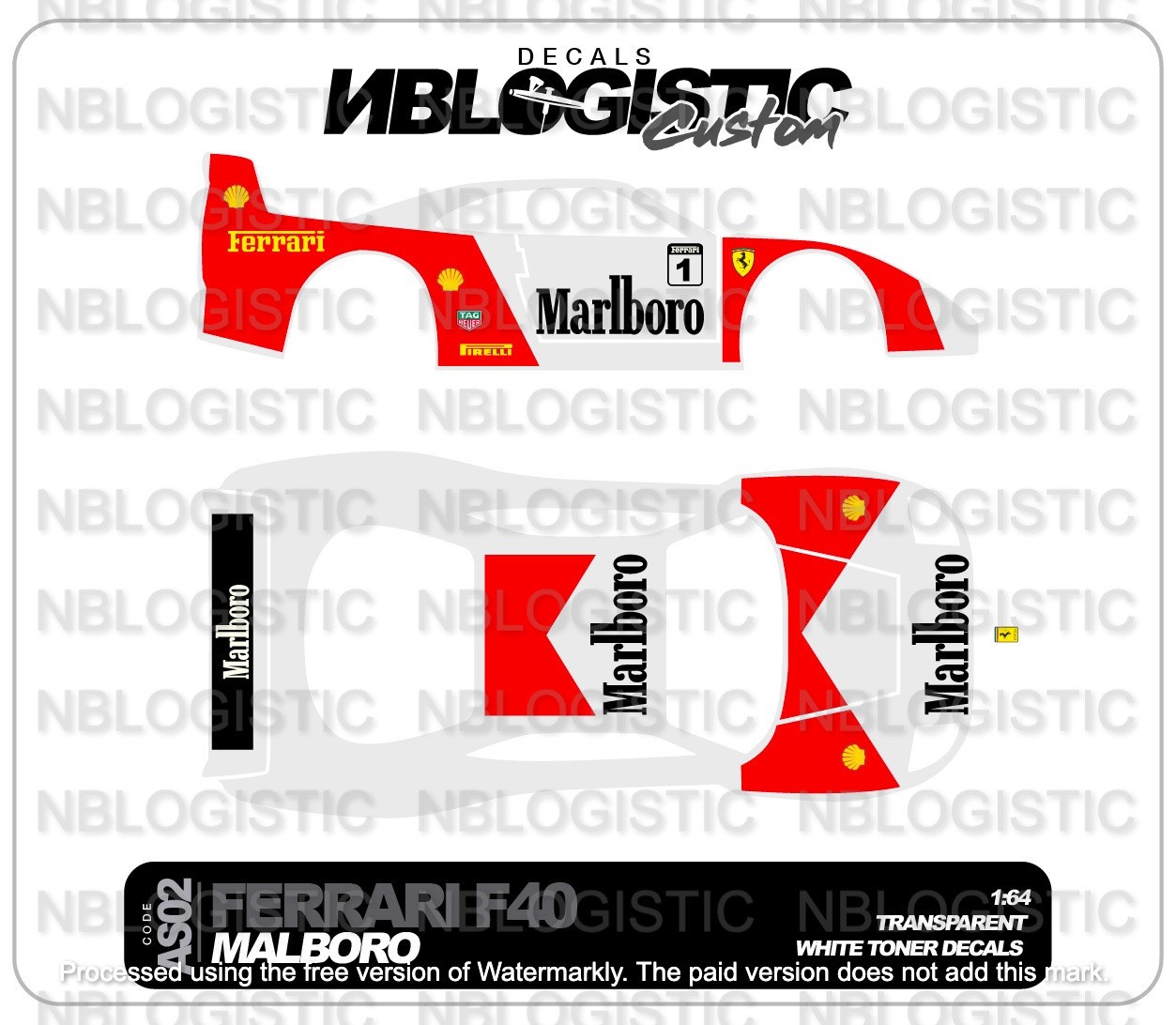 Ferrari F40 Competizione Custom WaterSlide Decal for hot wheels 1/64 a1