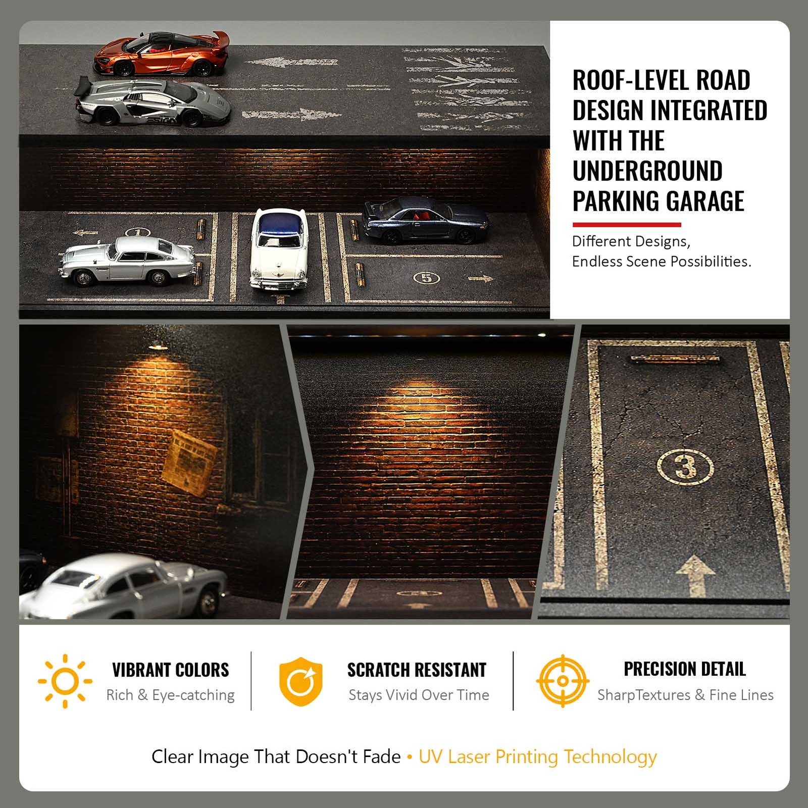 US Diorama 1/64 Diecast Garage Model LED Lighting Parking Car Display Case Model