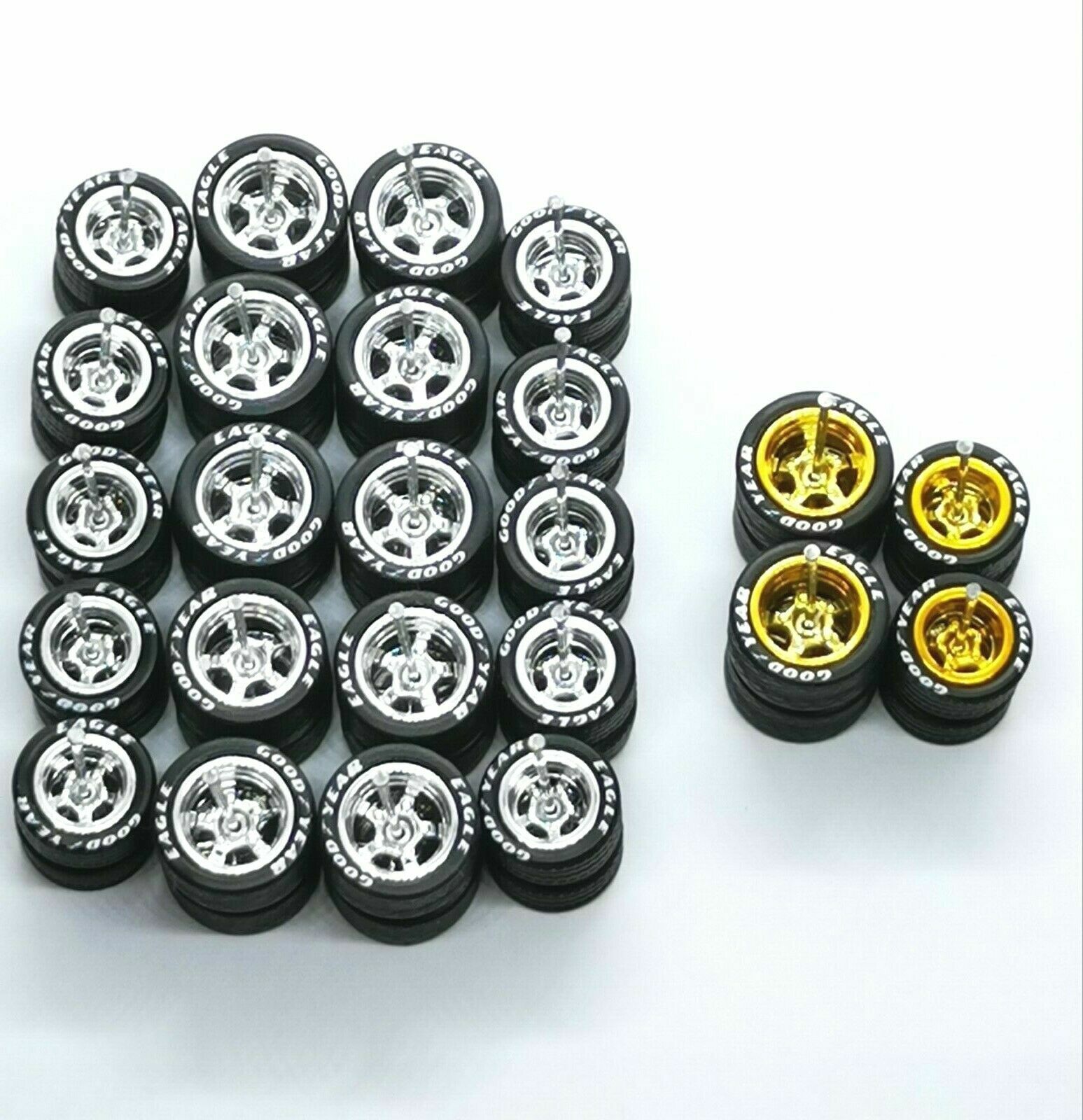 Hot Wheels ✨ GOOD YEAR ✨ 5 SPOKE Rubber Tire 12 sets Chrome Colors 10/12 MM