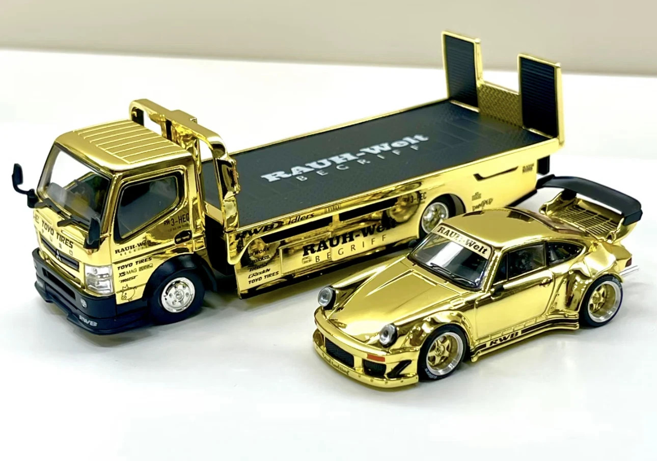 Pop Race 1:64 Porsche RWB 930 & RWB Truck Chrome Gold RWB Set HEC 2026