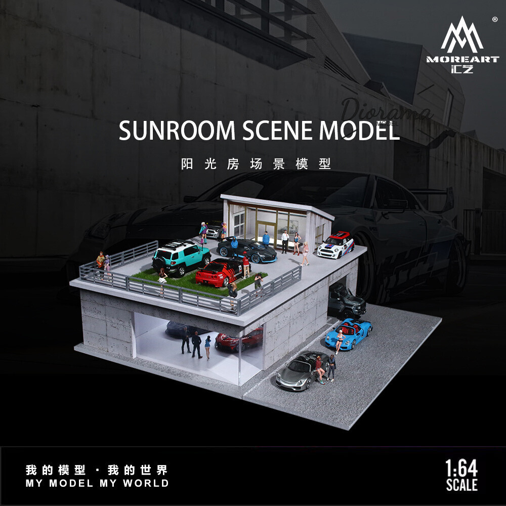 Diorama 1:64 Car Garage Model LED Lighting Sunroom Assembly Scene Building Model