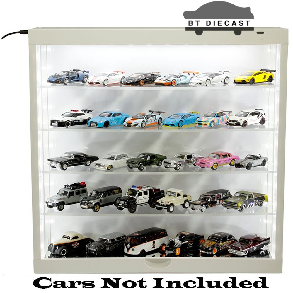 SHOWCASE 1/64 5 TIERS LED WALL MOUNT DISPLAY CASE w/ WHITE REAR WHITE MJ8850 W