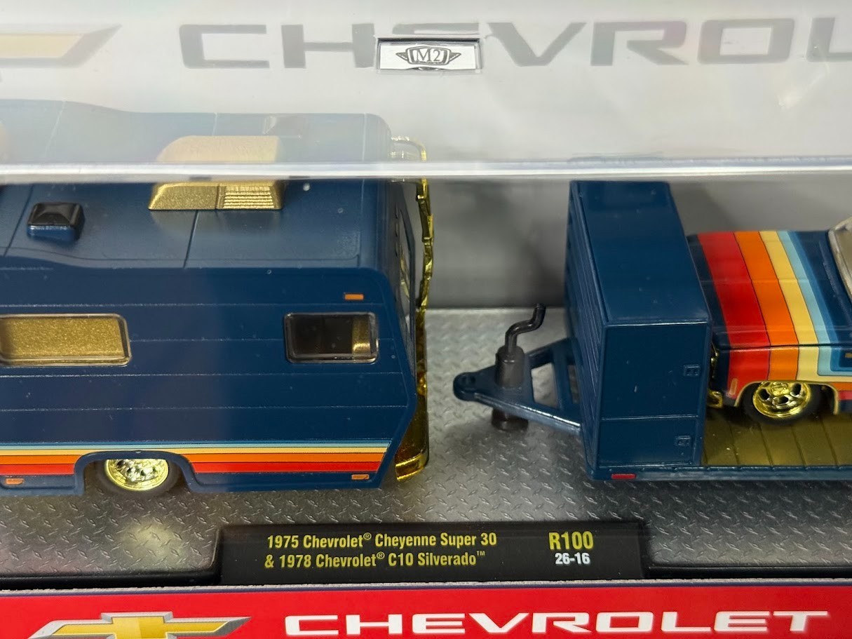 Chase M2 Machines 1975 Cheyenne Super 30 & 1978 C10 Silverado Blue Camper R100