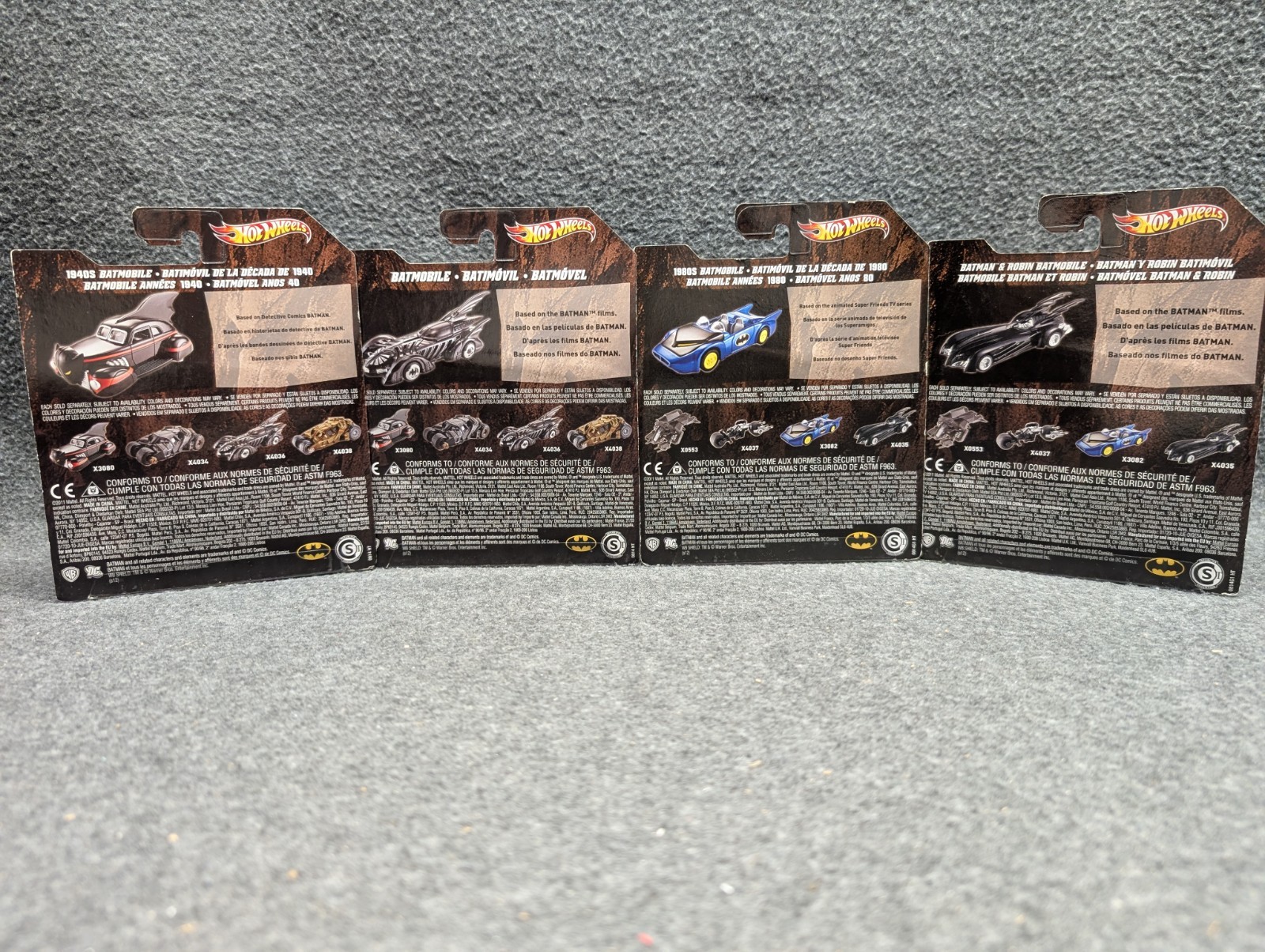(4) 2011 Hot Wheels 1:50 Batmobile, 1940s & 1980s Batmobile, batman/Robin Btmble