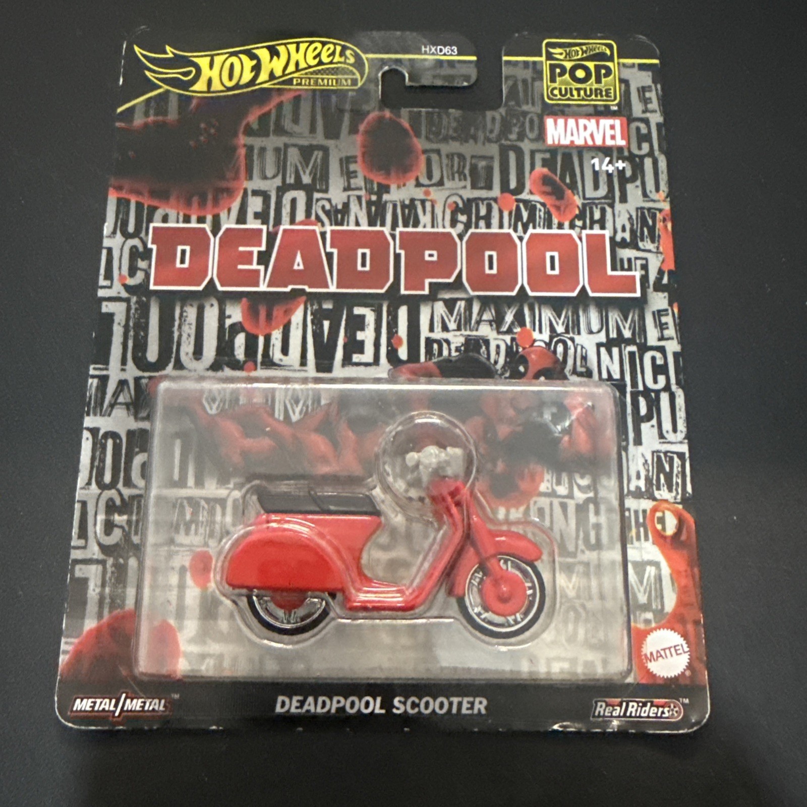 Hot Wheels Premium Marvel Deadpool Scooter Pop Culture Metal Real Riders Red