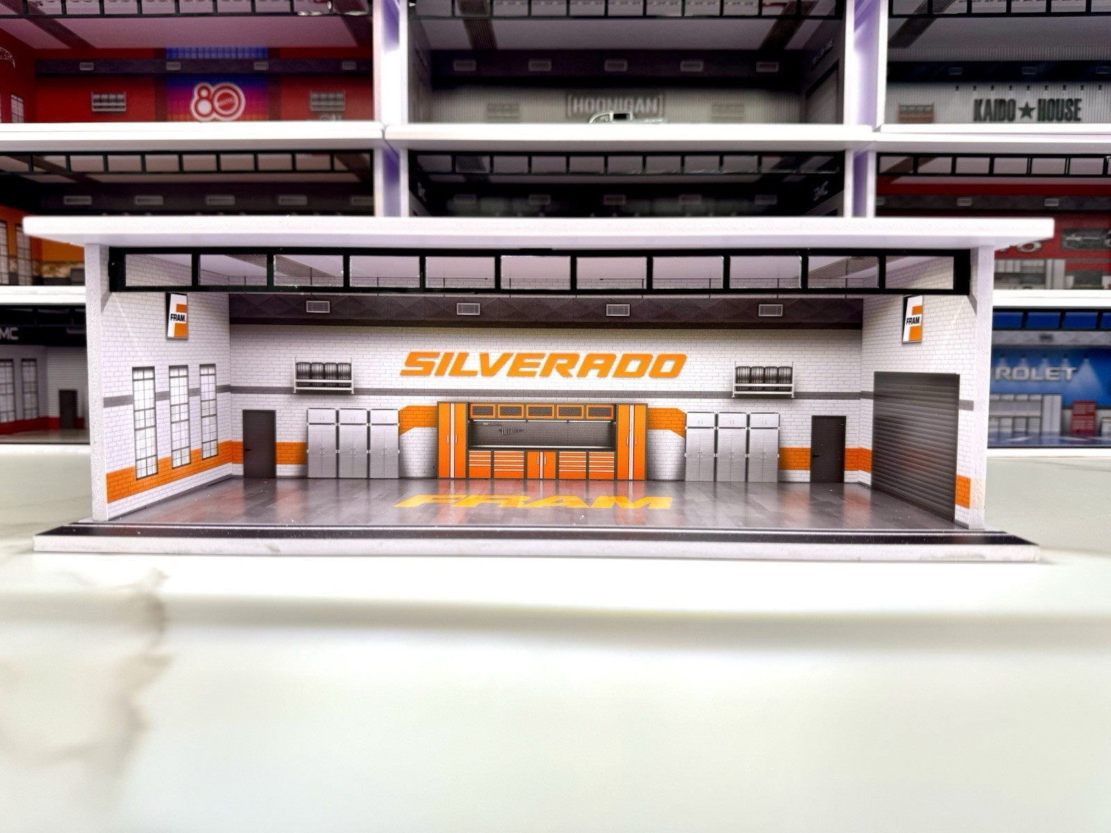 White Fram For 83 Silverado Themed Diorama 1:64 Scale Model Garage LED Lighting!