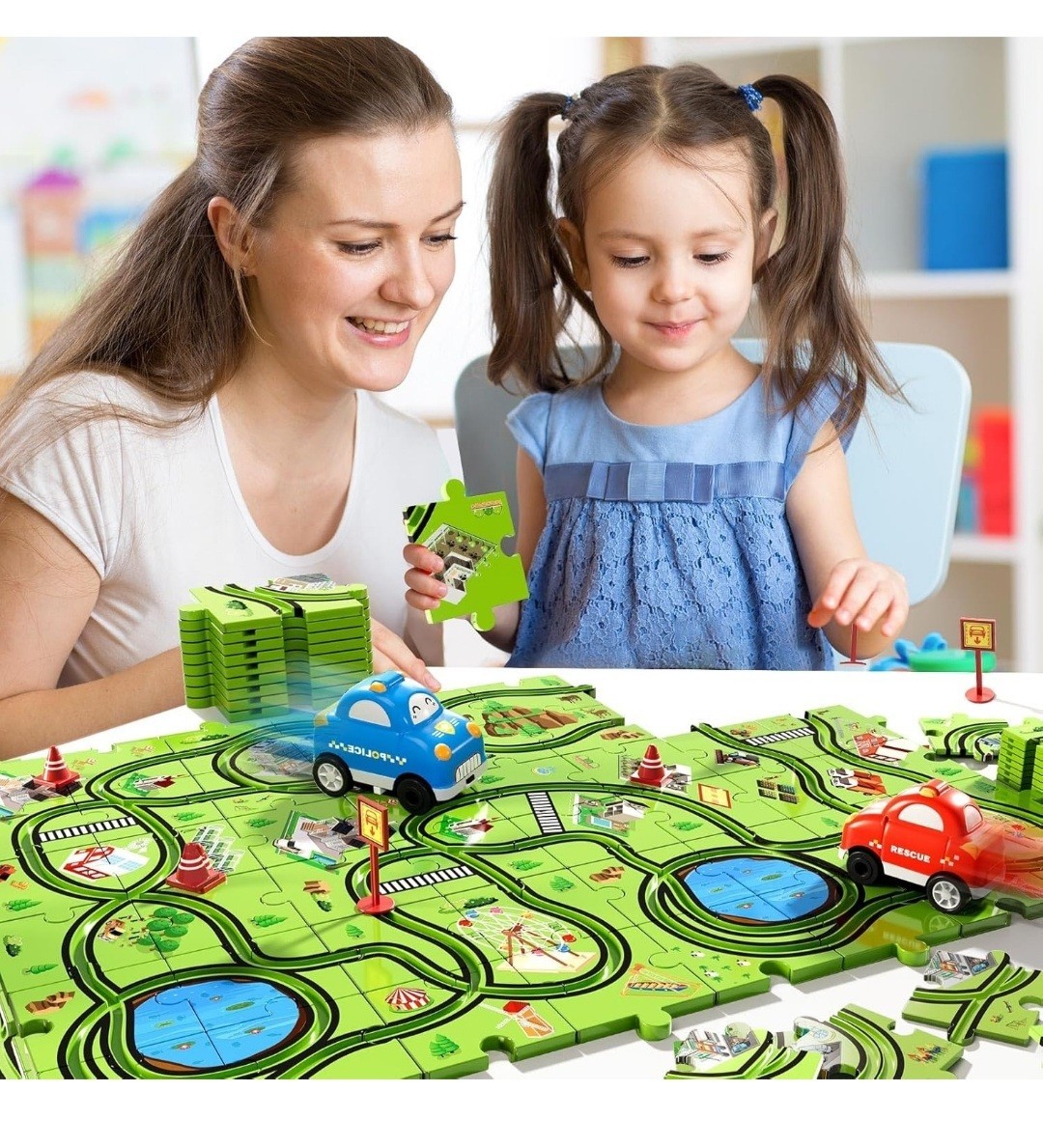 48PCS Puzzle Race Track Car Set for Kids Boy & Girl Floor Puzzle Tracks Car Toys