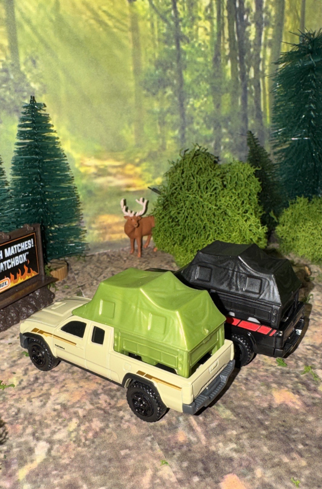 Lot Of 2 Toyota Tacoma Matchbox w/ Removable Camp Tent Black & Tan NLFFP 1:64 DC