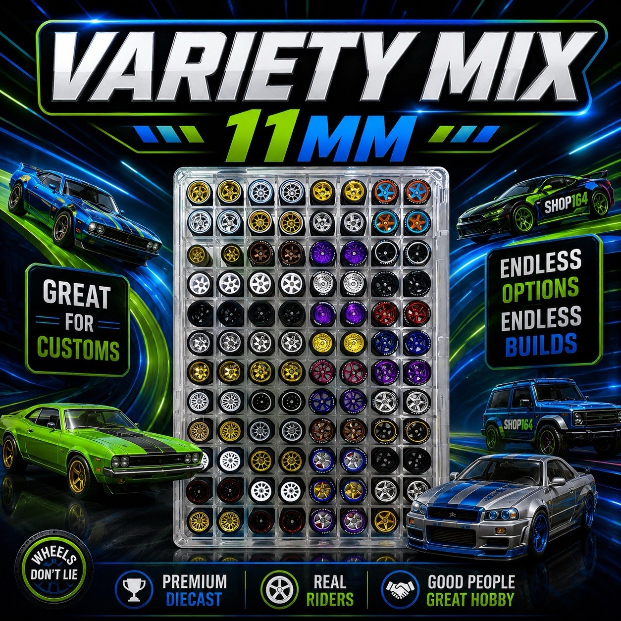 5 Variety MIX 11mm Wheel Sets Rubber Tires For Your HOT WHEELS 1/64 Scale Cars