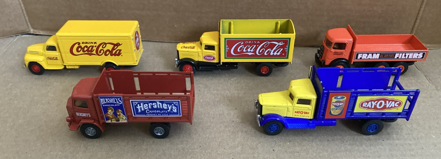 Five Vintage Hartoy Die-Cast Toy Trucks Coca-Cola / Fram /Ray-O-Vac / Hershey’s