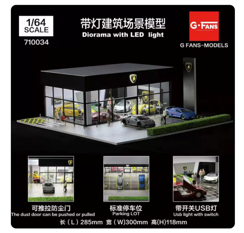 Diorama Car Garage Model LED Lighting Car Parking Lot Scene Display Model 1/64