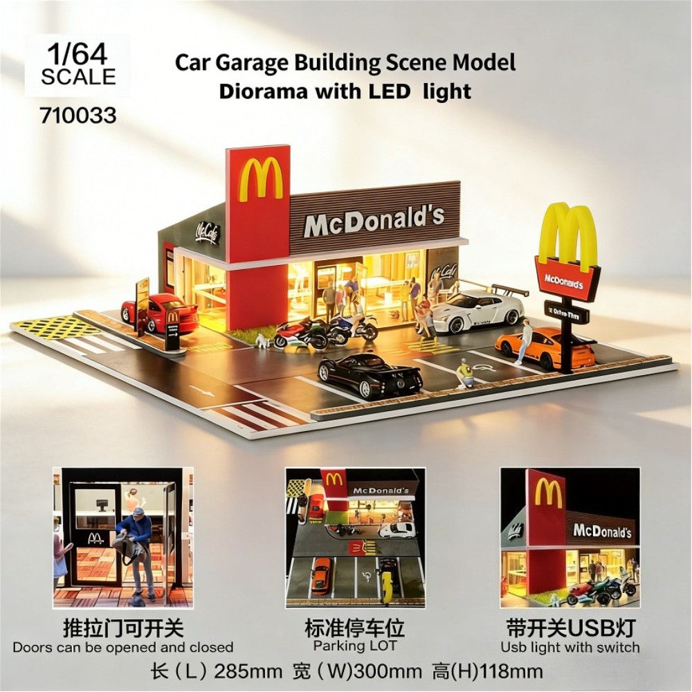 US Diorama 1/64 Diecast Garage Model LED Parking Lot Scene Display Case Building