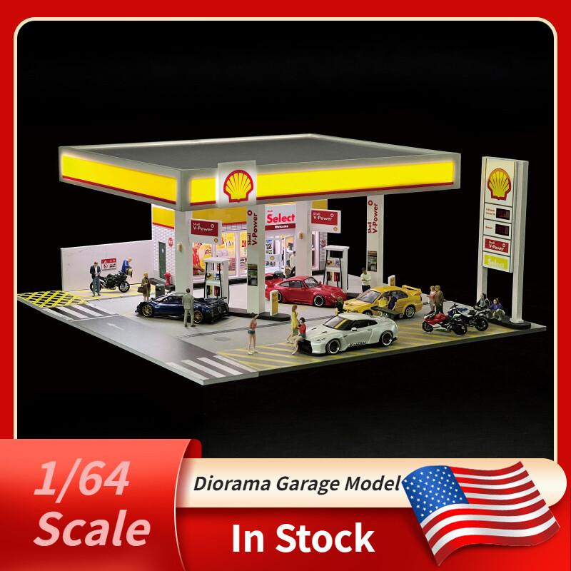 1/64 Diorama Car Garage Model LED Lighting City Street Gas Station Scene Models
