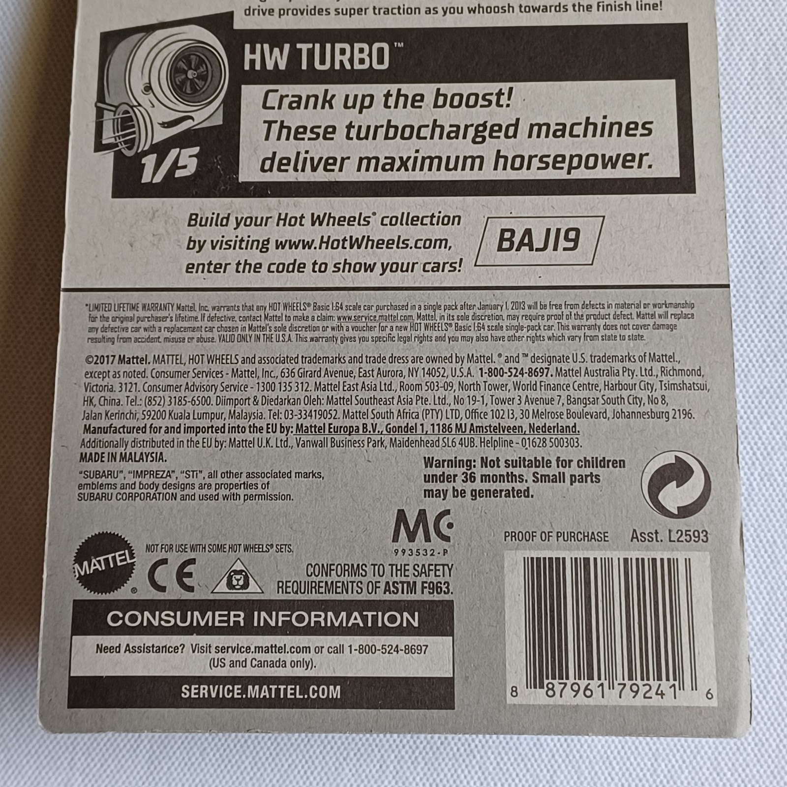 2020 HOT WHEELS *’98 SUBARU IMPREZA 22B STi- VERSION* *HW TURBO* *FIRST EDITION*