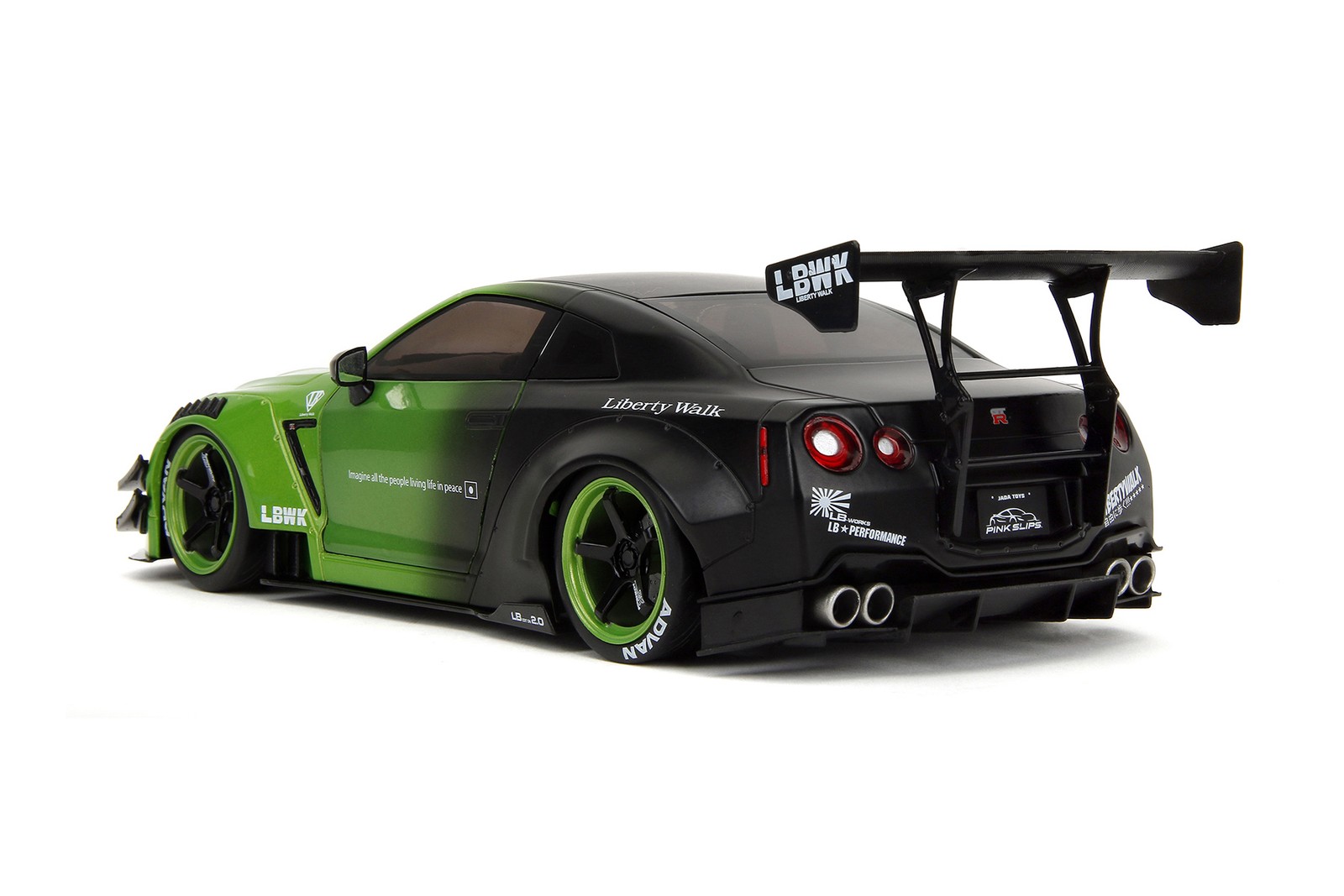 NISSAN GT-R (R35) W/LIBERTY WALK BODY KIT 2.0 /DISPLAY BASE 1/18 JADA TOYS 35724
