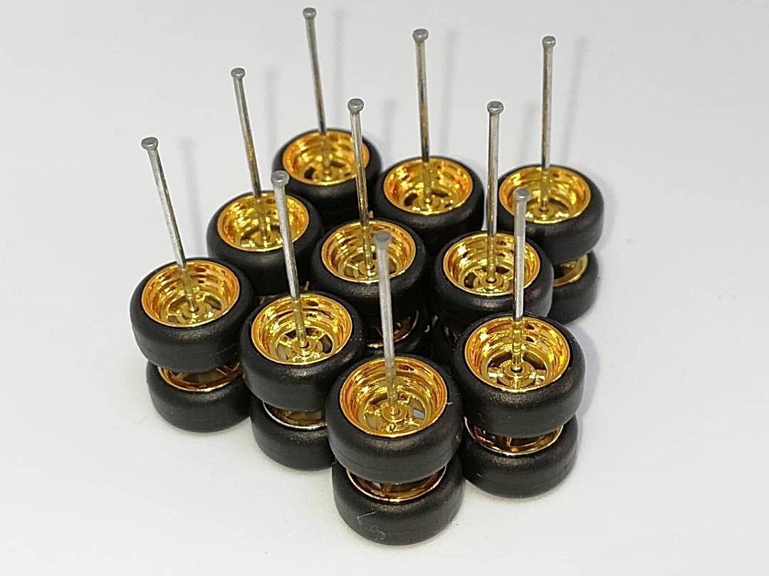(🅿romo) Hot Wheels 40 SETS Chrome/Gold 4 Spoke Long Axle :64 Rubber Tires