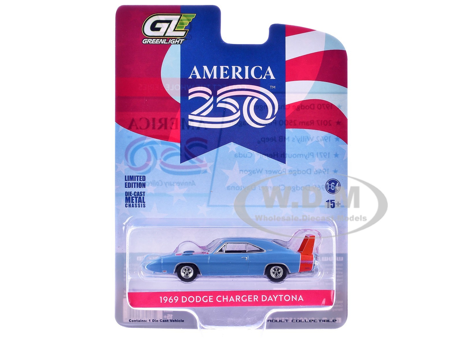 1969 DODGE CHARGER DAYTONA BLUE “AMERICA 250” 1/64 DIECAST BY GREENLIGHT 28180 F
