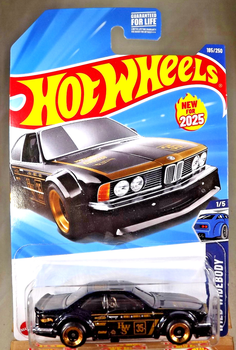 2025 Hot Wheels #185 Wild Widebody 1/5 BMW 635 CSI Black w/Black 4 Sp Gold Rims
