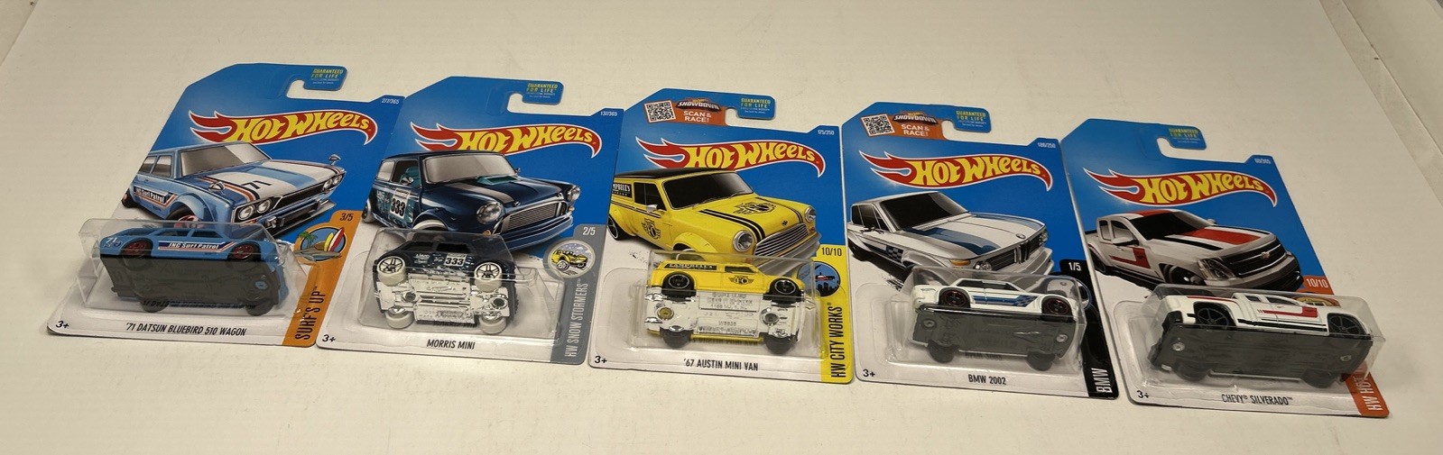 Hot Wheels 2015 Datsun 510, Morris Mini, Silverado, BMW 2002, Austin Van Lot 5