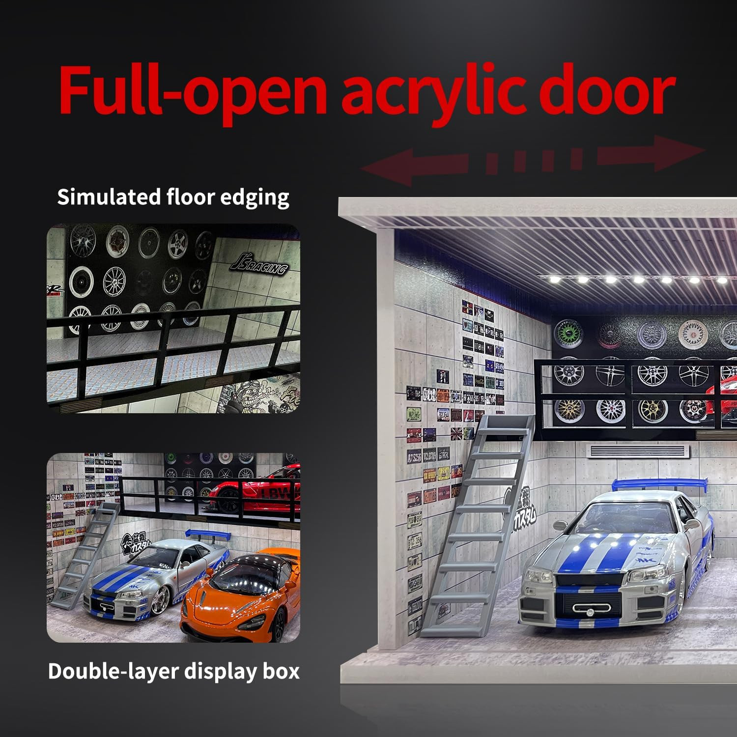 1:24 Scale Model Car Display Case LED Garage Diorama Acrylic 4 Parking Slots