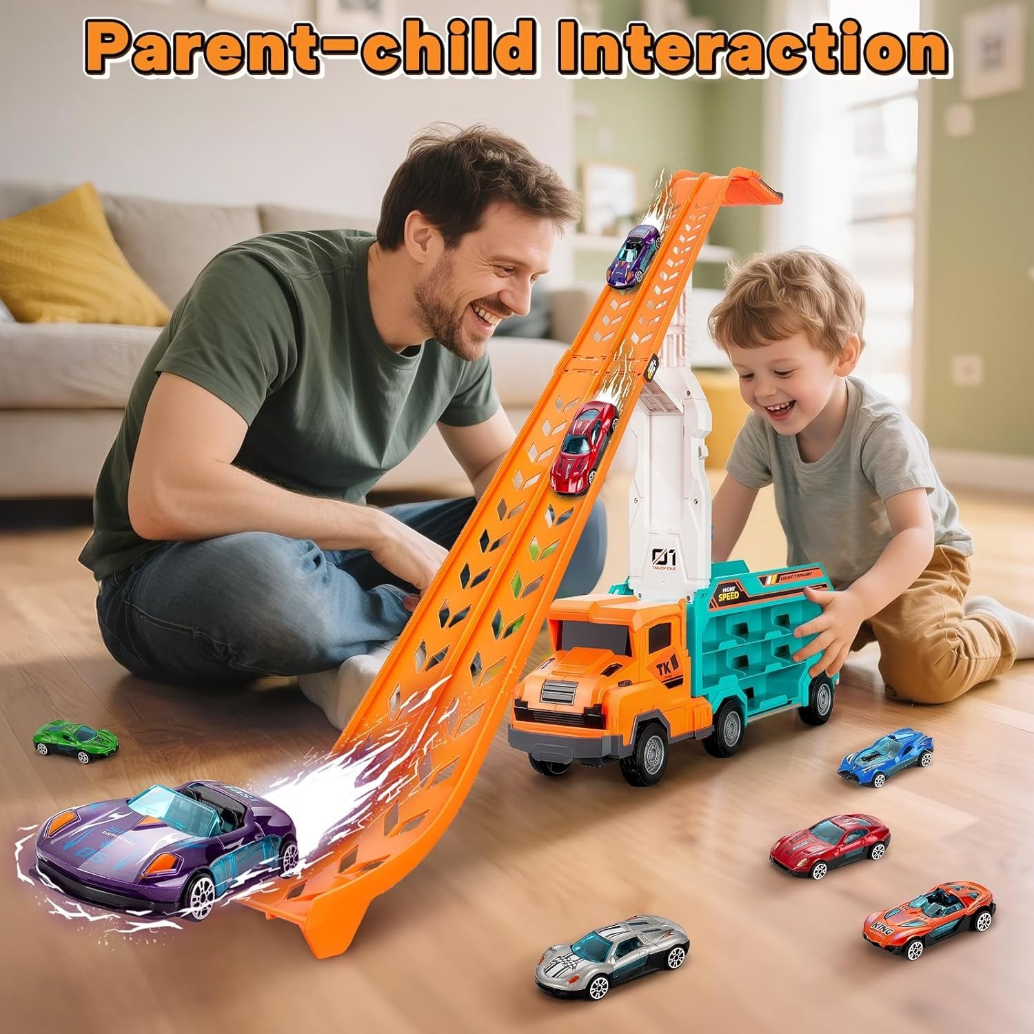 Carrier Truck Toys Race Track Transport Cars 2.8 Ft 6 Die-Cast Cars for Kids