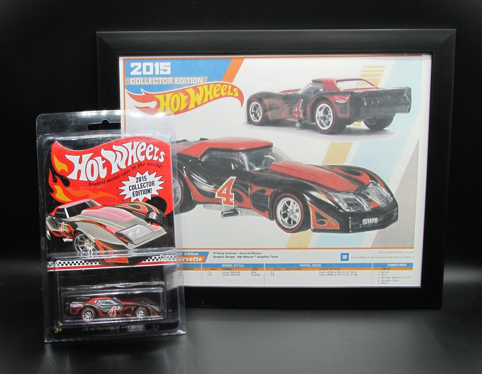 Hot Wheels 2015 COLLECTOR EDITION ’76 GREENWOOD CORVETTE & Framed E-Sheet, P62za