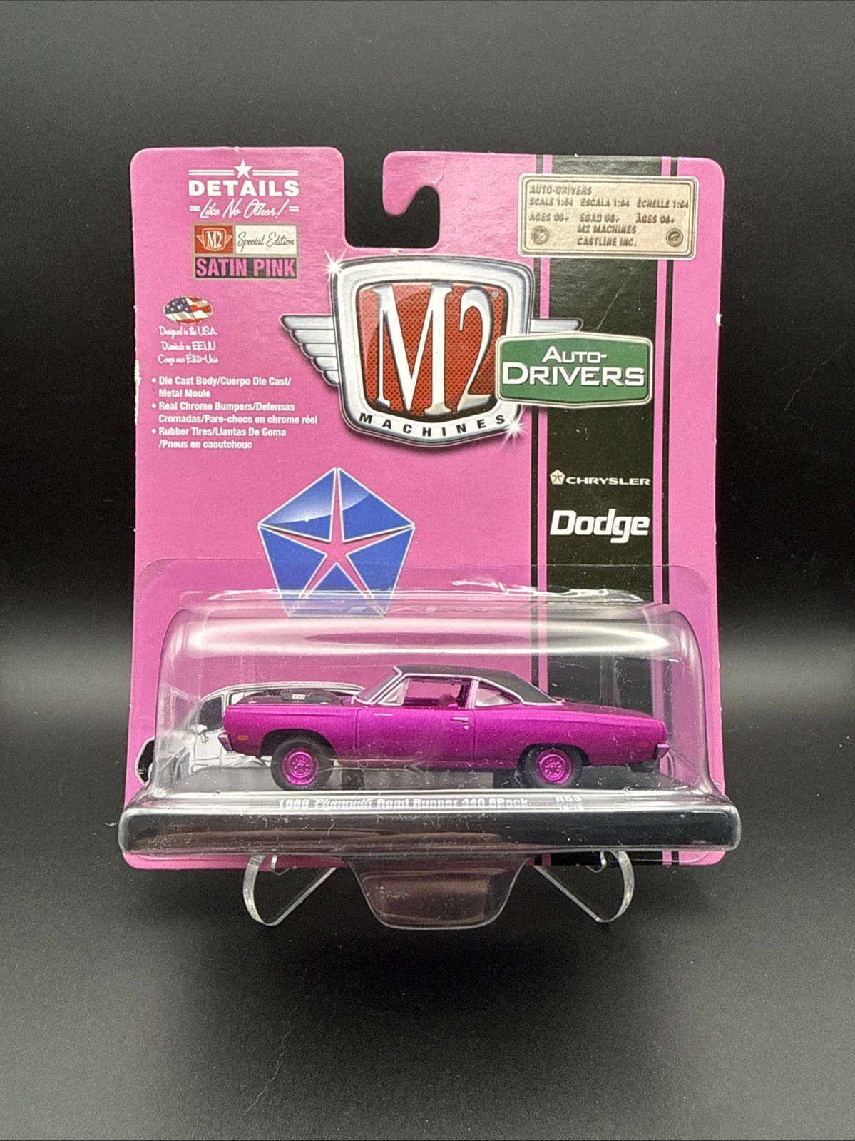 M2 Auto Drivers Satin Pink 1969 Plymouth Road Runner Chase