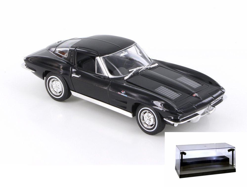 DIECAST CAR W/DISPLAY CASE 1963 CHEVY CORVETTE BLACK WELLY 24073/4D 1/24 SCALE