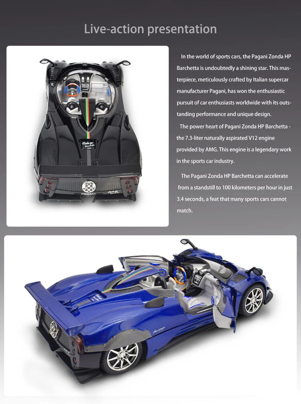 1:24 Pagani Zonda HP Barchetta Alloy Car Model Diecast Toy Vehicle Sound Light