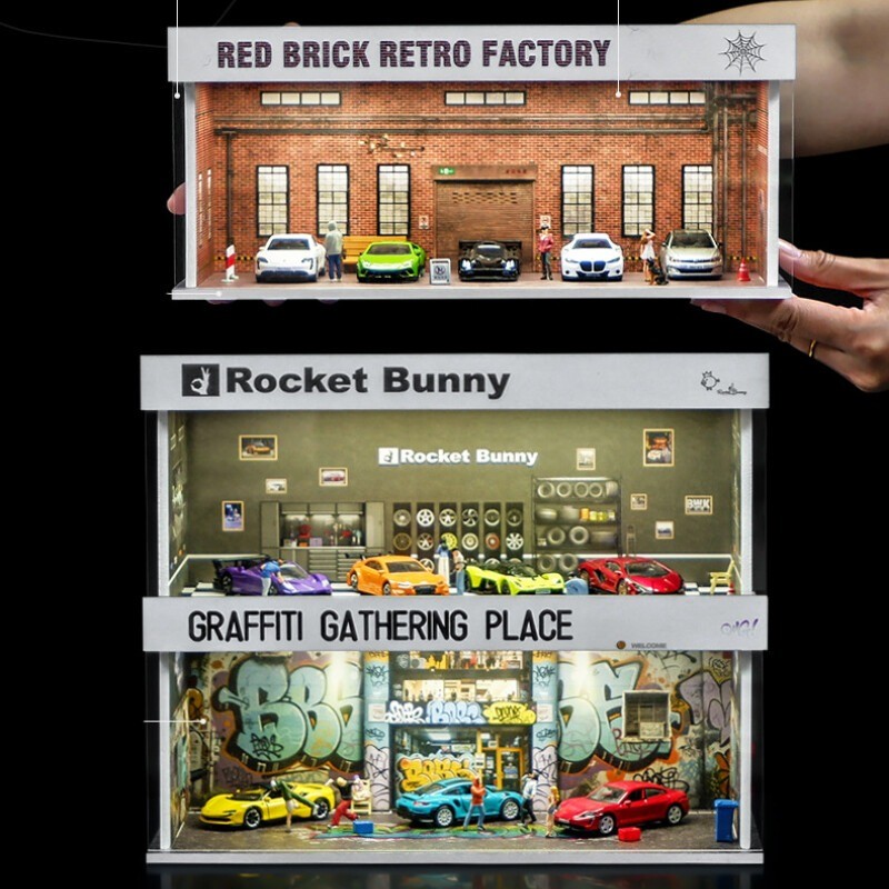 1/64 Diecast Parking Lot Garage Model LED Street Building Scene Display Case