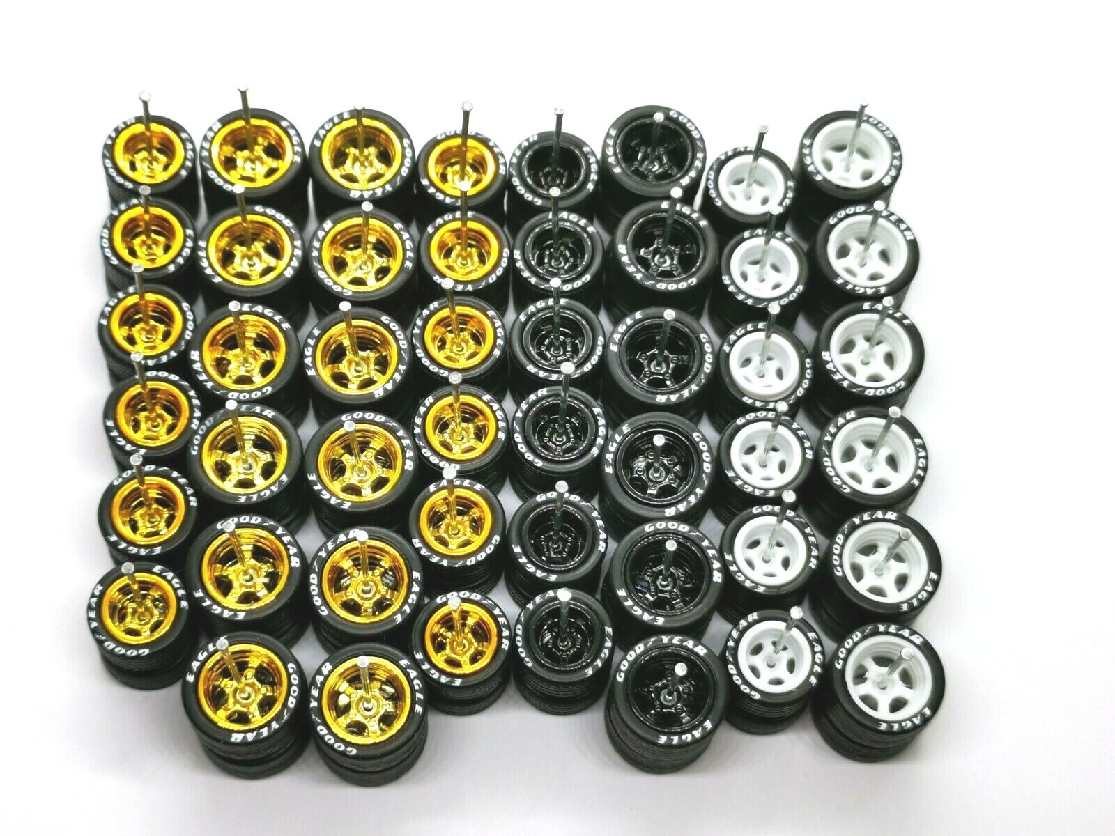 Hot Wheels Good Year Rubber Tires 24 sets 5 Spoke 12/10 mm ( Gold+Black+White
