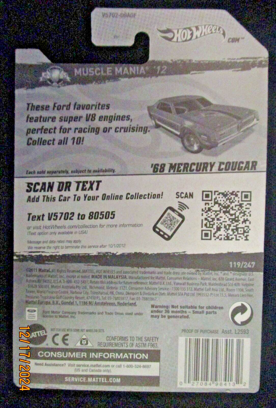 Hot Wheels 68 Mercury Cougar GREEN Muscle Mania Ford ’12 Blister KMART COLOR