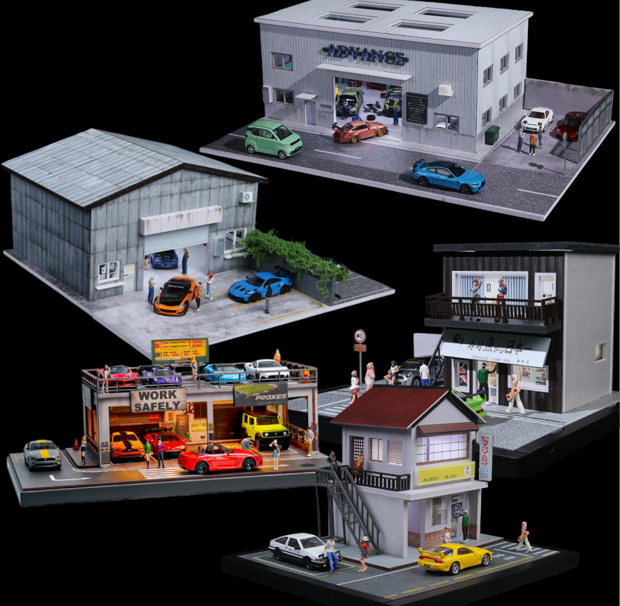 1/64 Diorama Diecast Garage Model LED Japanese Parking Lot Scene Display Case US