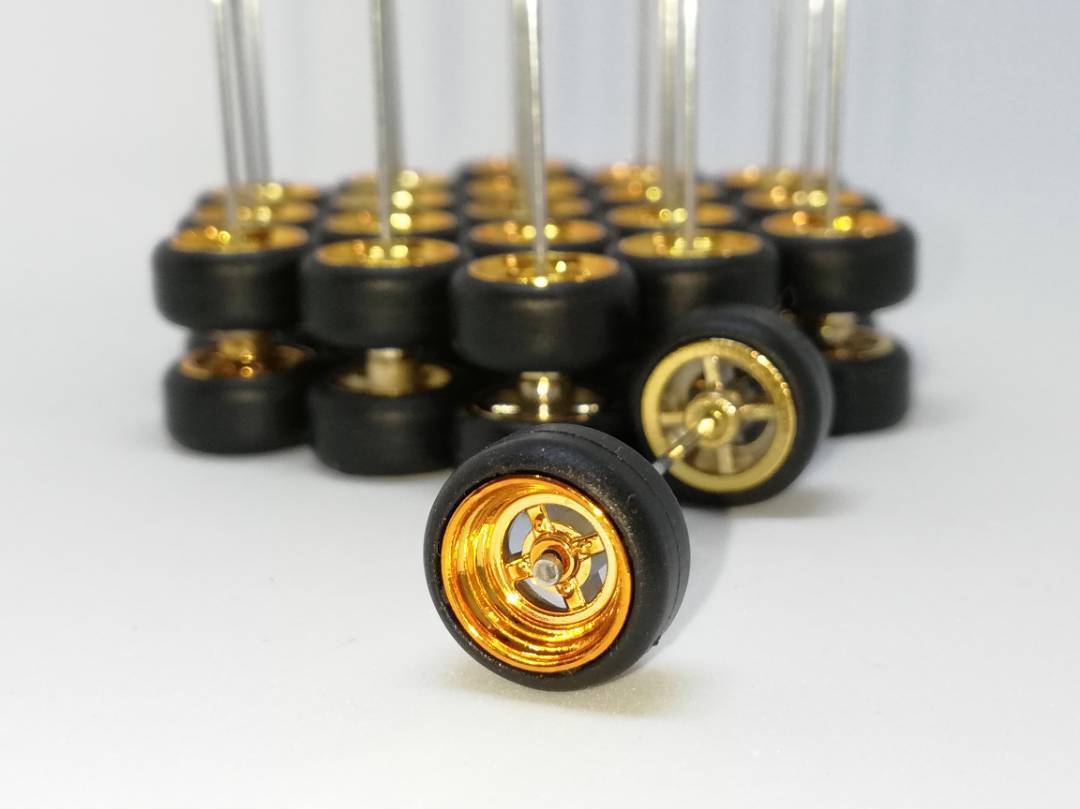(🅿romo) Hot Wheels 40 SETS Chrome/Gold 4 Spoke Long Axle :64 Rubber Tires