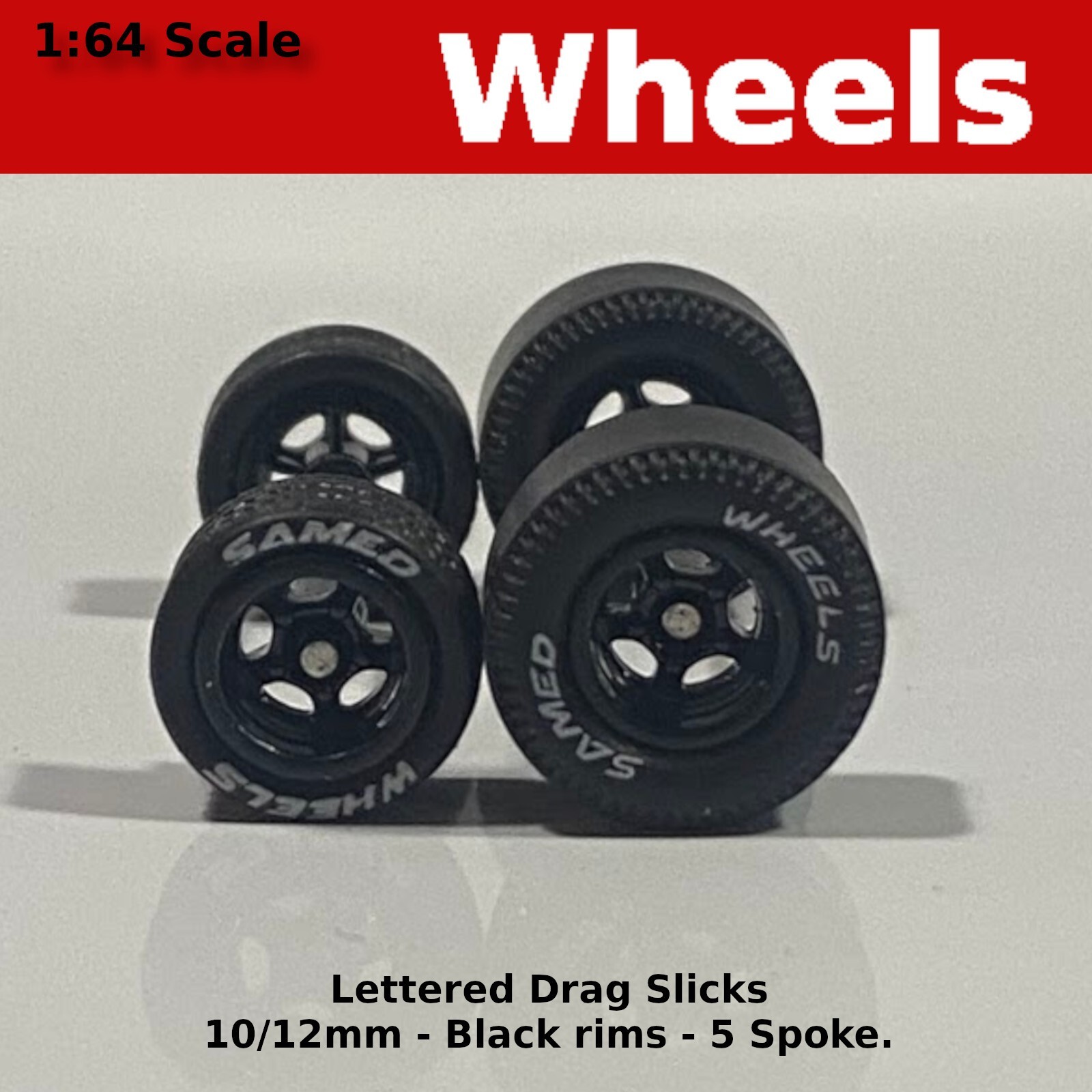 Muscle Car Long Axle – Black 5 spoke Drag Slicks – 10mm/12mm for Hot Wheels