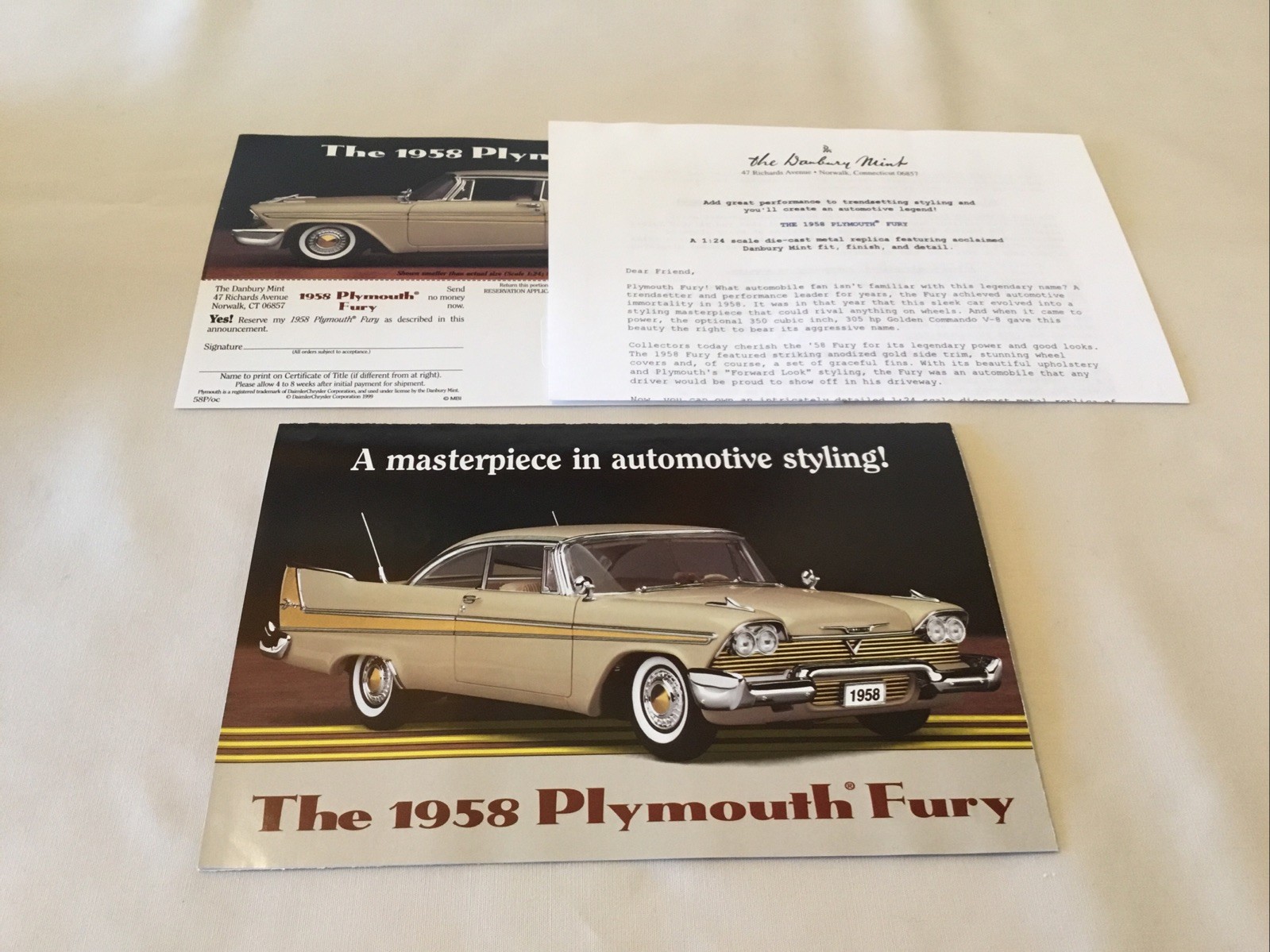 Danbury Mint 1958 Plymouth Fury Brochure Paperwork Only 1:24