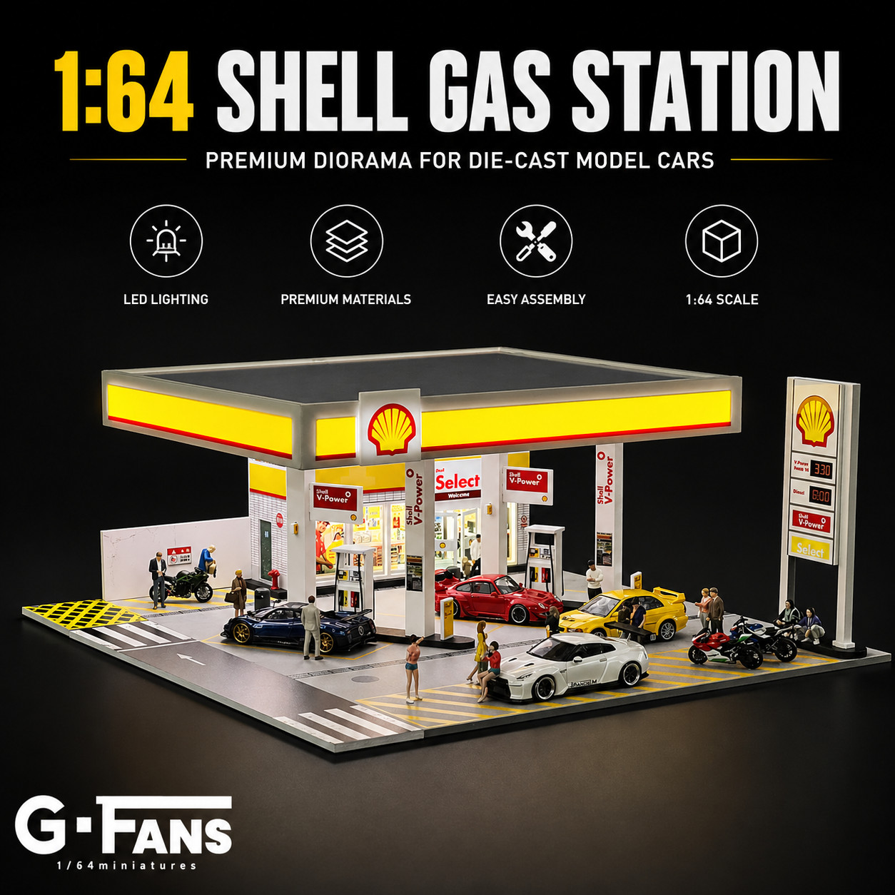 Diorama 1/64 Die-Cast Car Garage Model LED Lights Street Building Display Scene