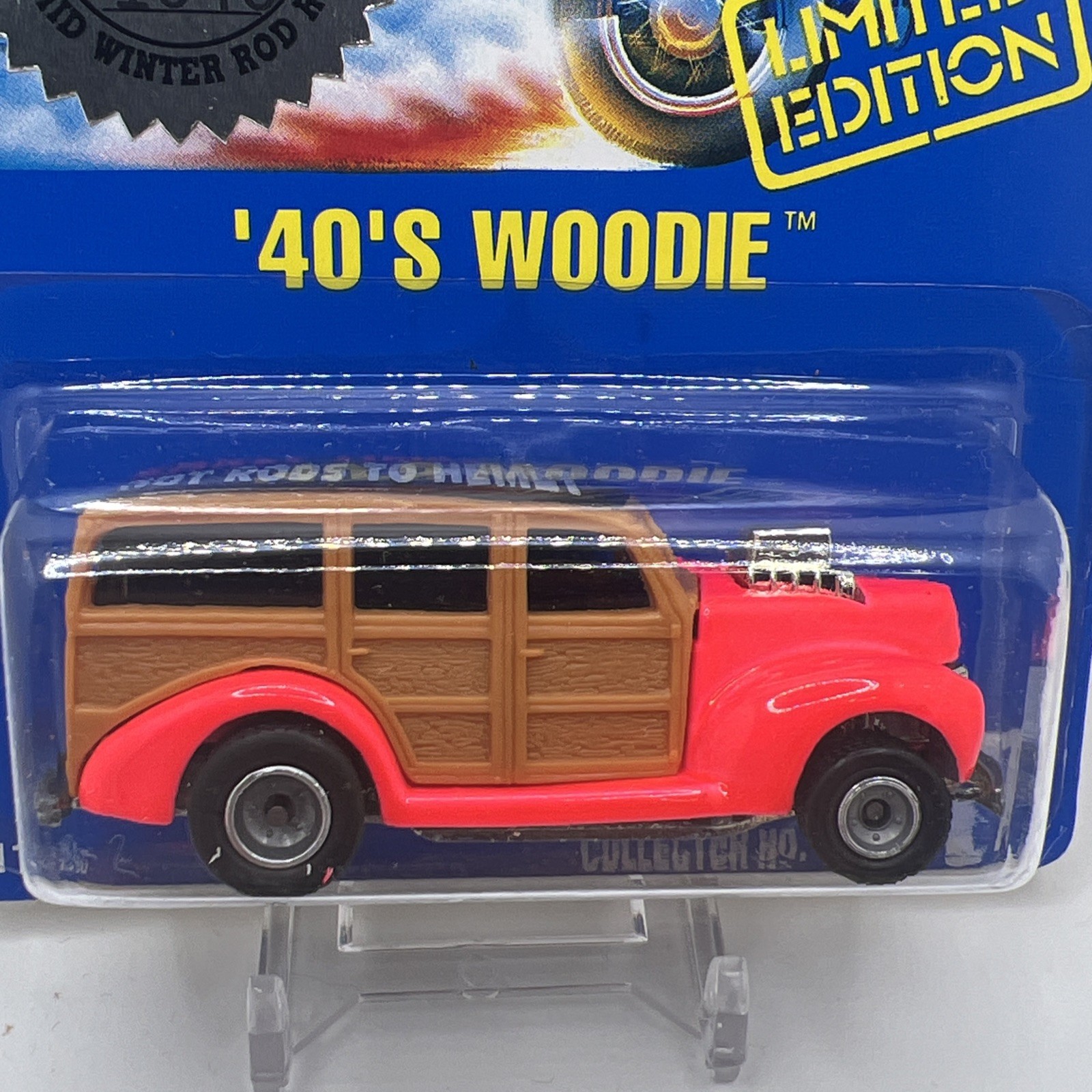 Hot Wheels 1940s Woodie 25th Annual Mid Winter Rod Run #11896 NRFP 1991 Neon Red