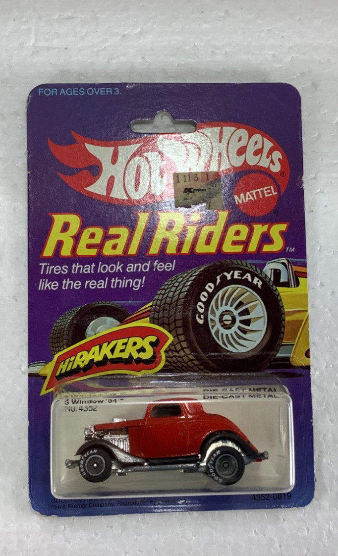 1980’s Vintage Hotwheels Real Riders-Red-3 Window ’34-2 Door-Grey Hubs-Hirakers