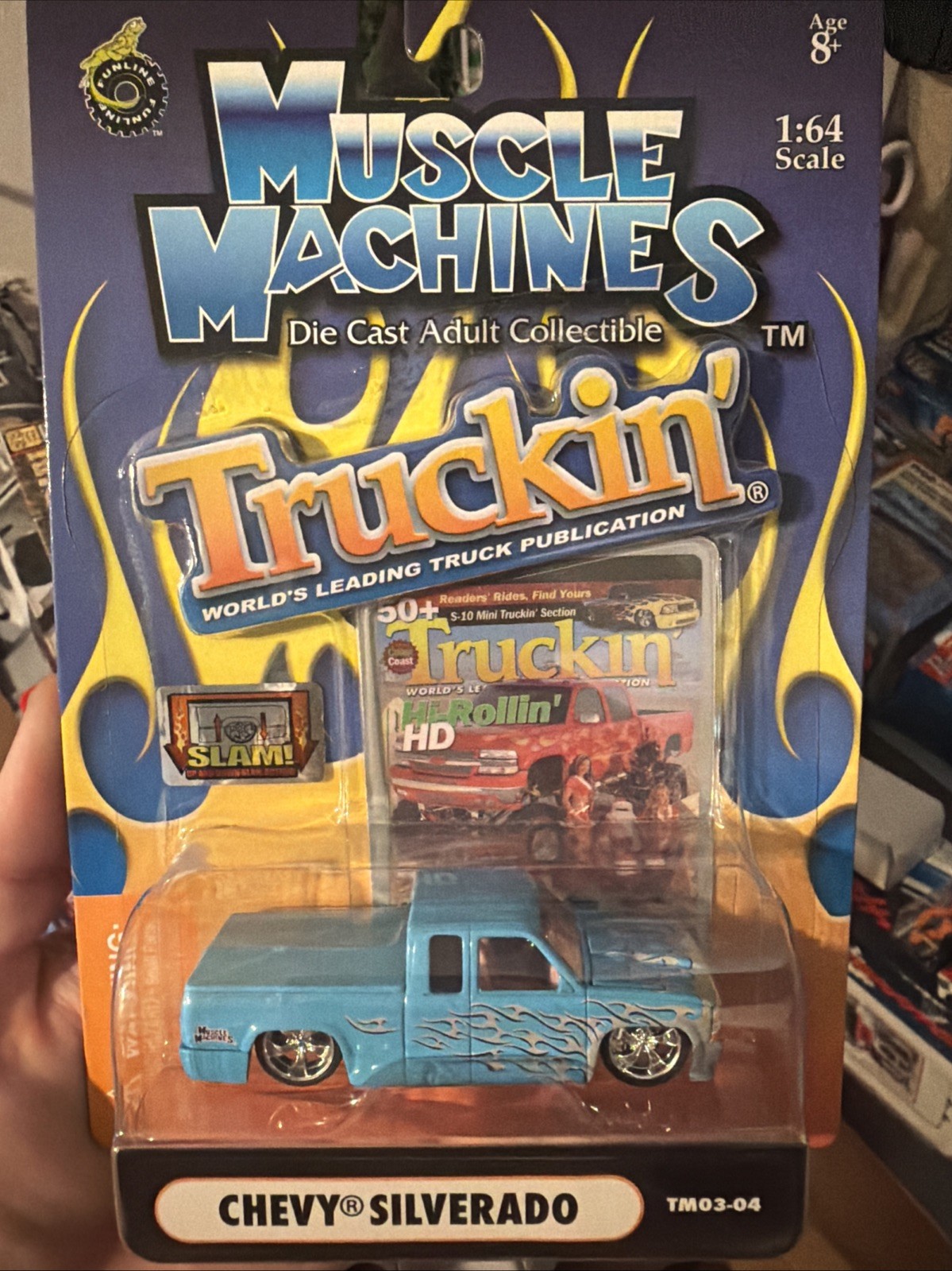 Muscle Machines Truckin’ Chevy Silverado Pickup Light Blue w/Flames TM03-04 1:64