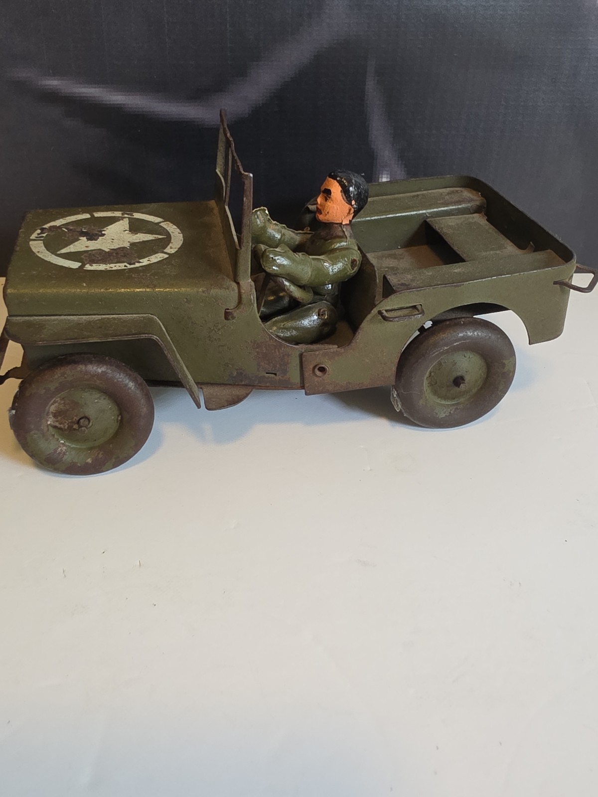 Vintage Pressed Steel Willys Jeep Military Toy w/ Driver France? 1940s 1950s