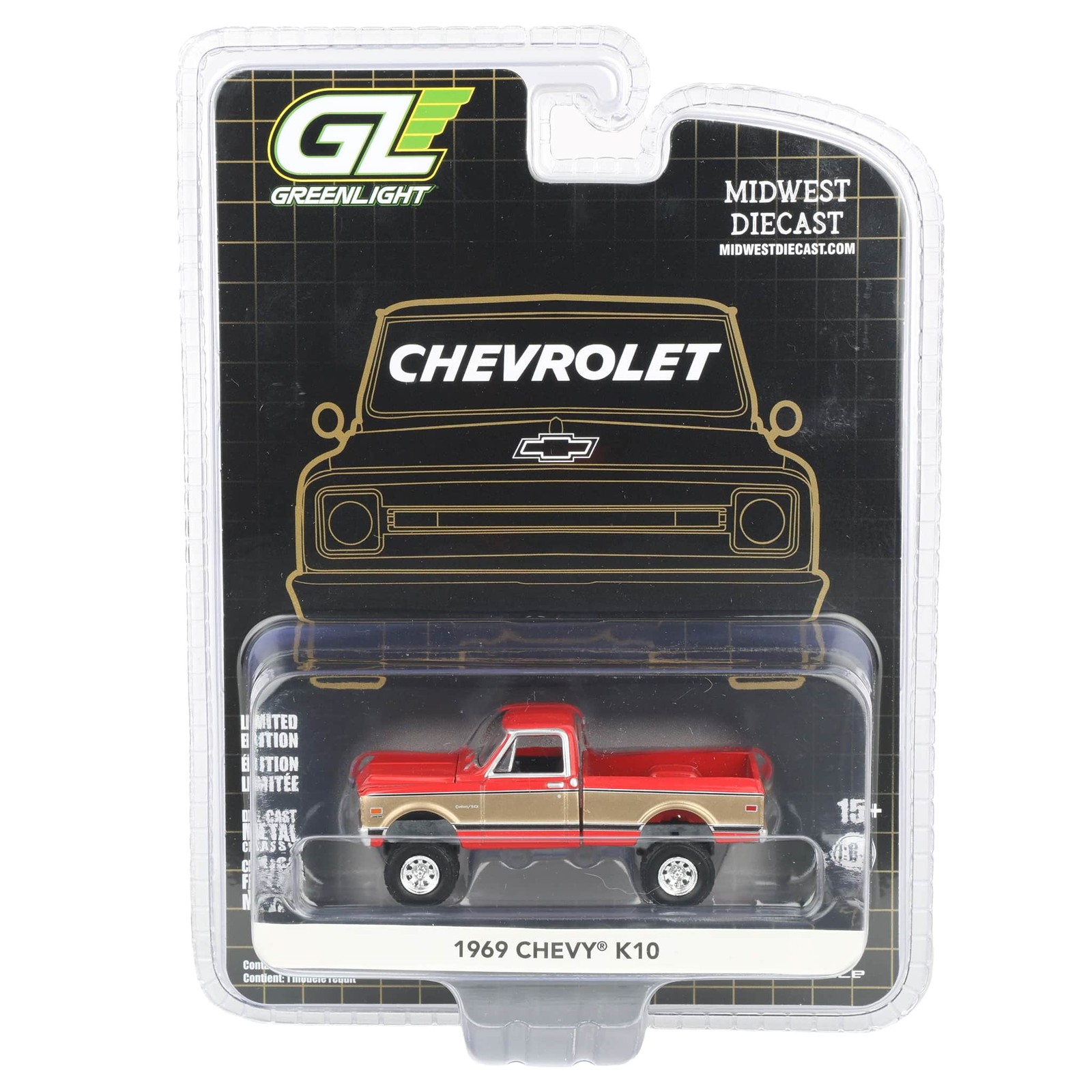 1/64 Lifted 1969 Chevrolet K10 Pickup Truck, Red & Gold, GL, 51687-B
