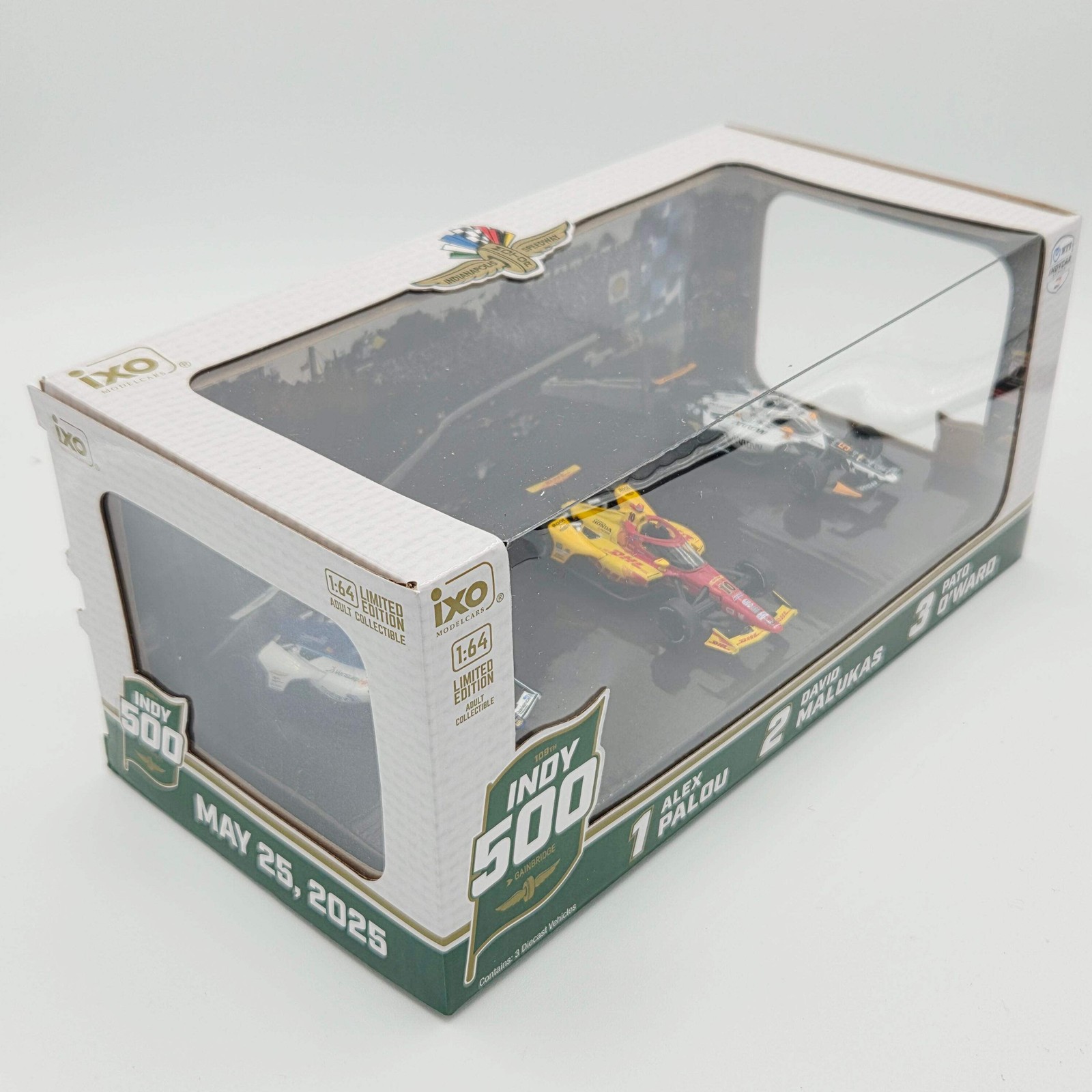 iXO Models – 2025 Indy 500 Victory Row Collector’s Set 1:64 Palou/Malukas/O’Ward