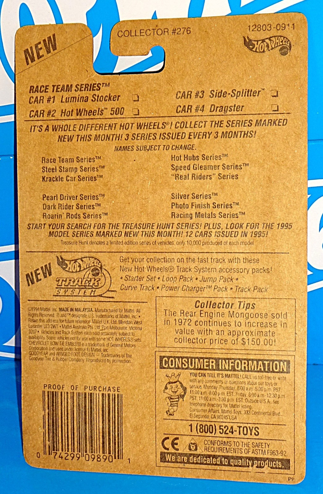 Hot Wheels 1995 Race Team Series #276 Hot Wheels 500 Mtflk Light Blue w/ BWs
