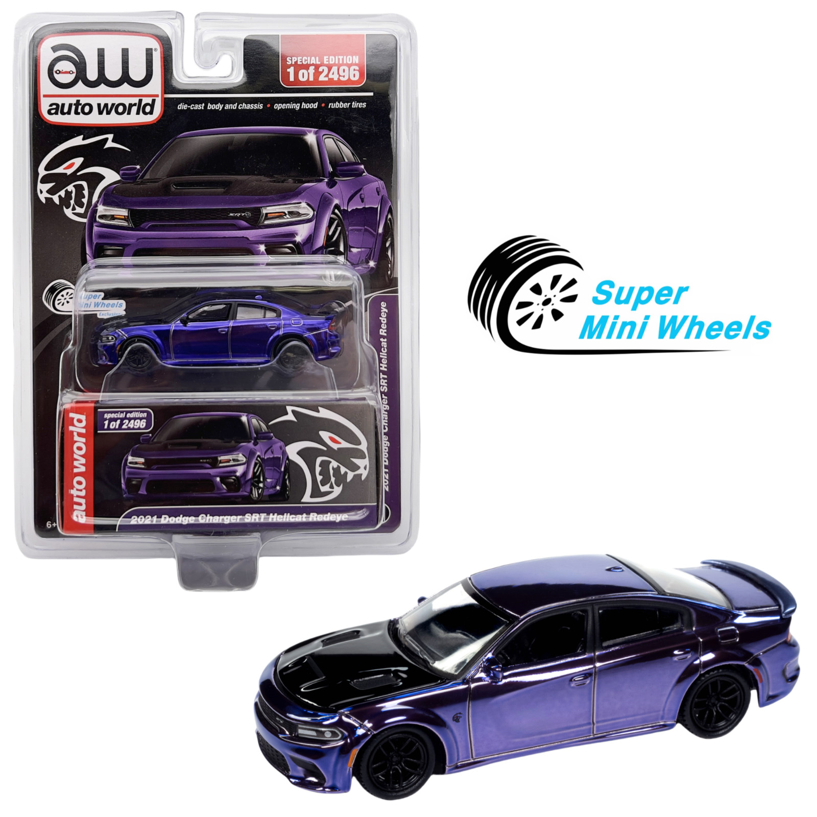 Auto Workd x Super Mini Wheel 1:64 2021 Dodge Charger SRT Hellcat Chrome Purple