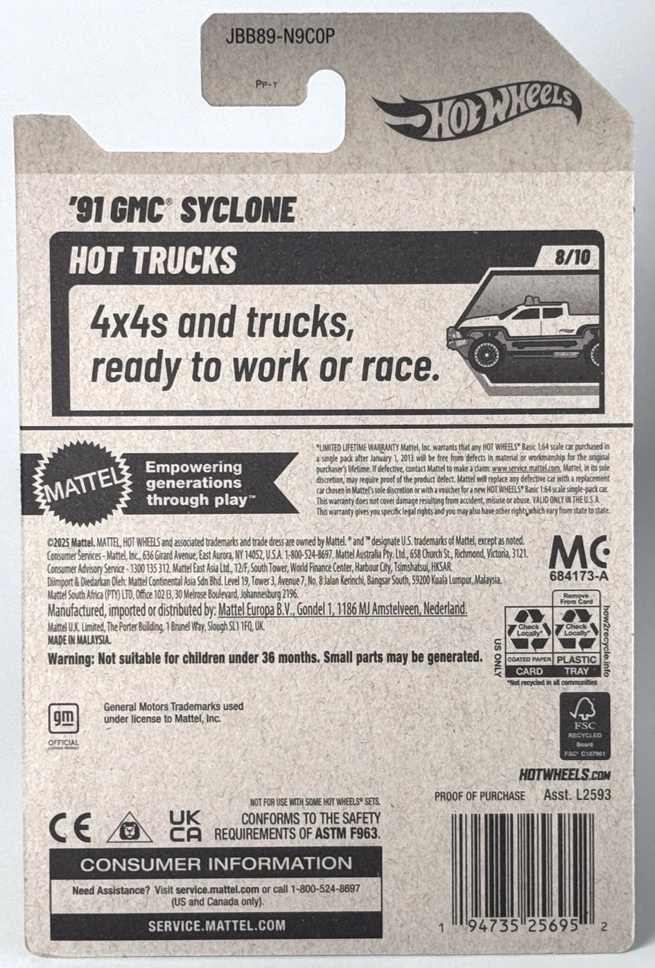 Hot Wheels ‘91 GMC Syclone Red HW Hot Trucks 8/10 119/250