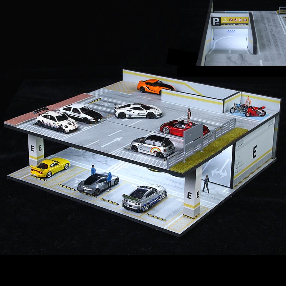 Diorama 1/64 Diecast Car Garage Model LED 2-Layer Parking Display Collections US